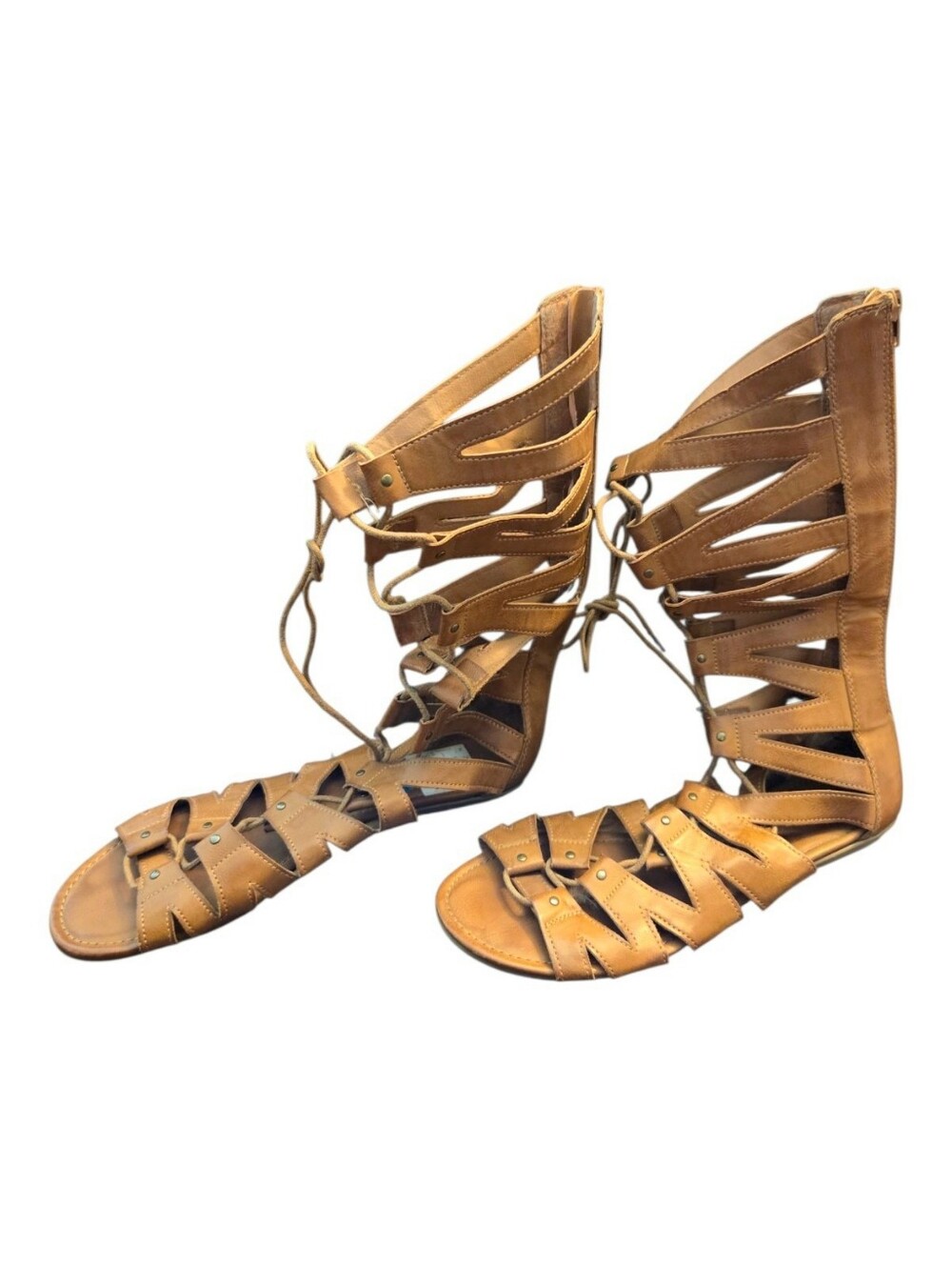 me Too Women's Tan Leather Studded Tall Gladiator Lace-Up Sandals - Size 10 - Picture 2 of 6